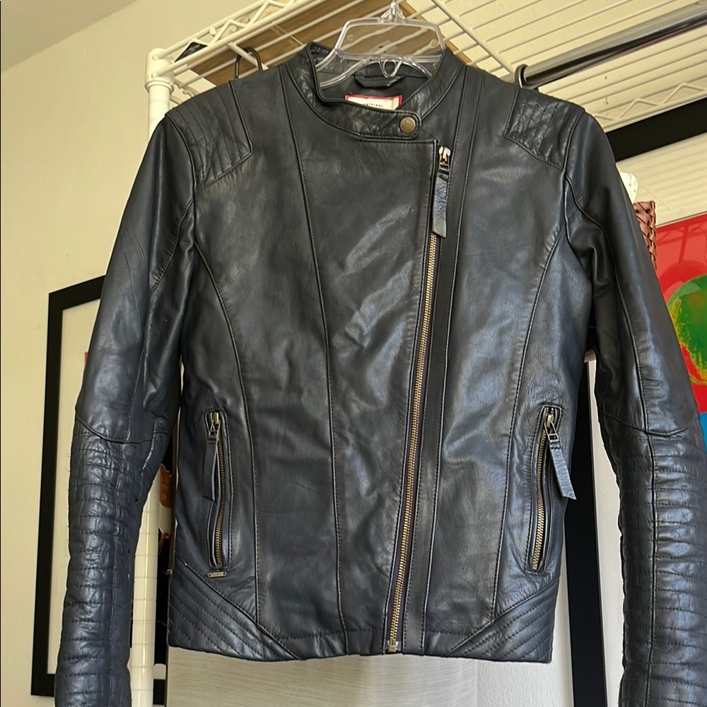 Leather Motorcycle Jacket with Asymmetrical Zipper Size M